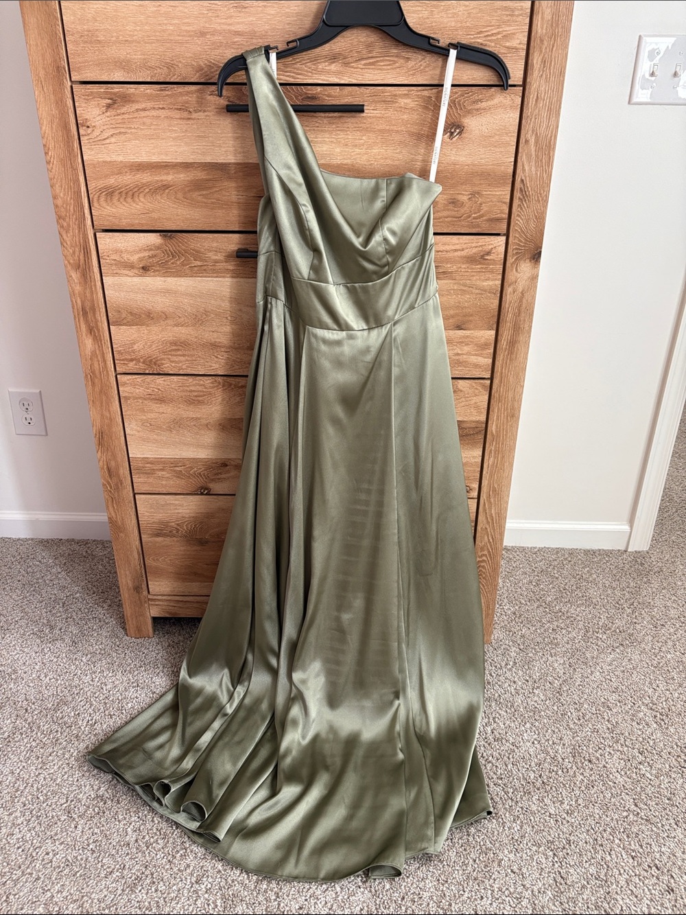 Signature One-Shoulder Satin Gown in Olive - worn once!